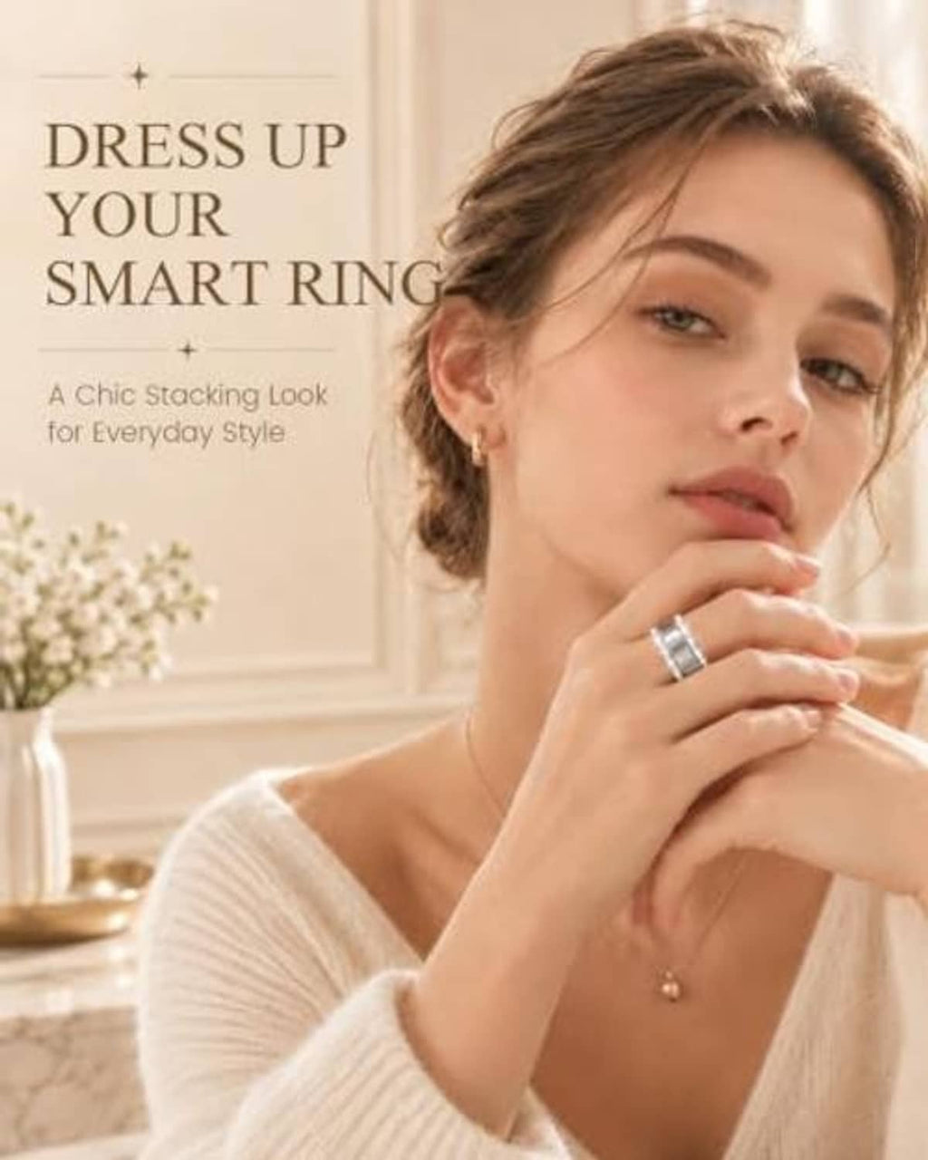 Silver smart ring jacket worn on finger, layered ring design