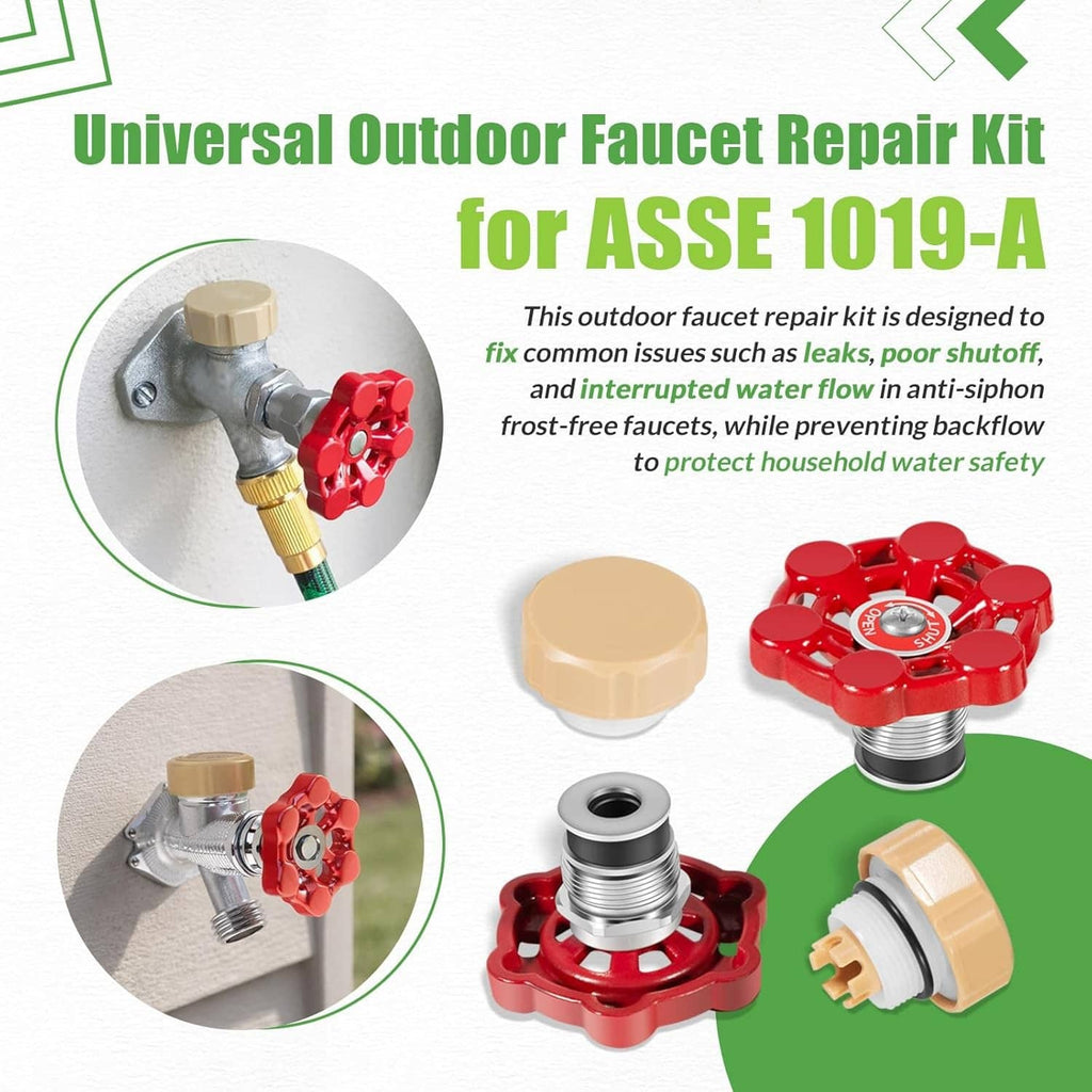 Outdoor faucet repair kit components with red valve head, tan cap, and metal coupler