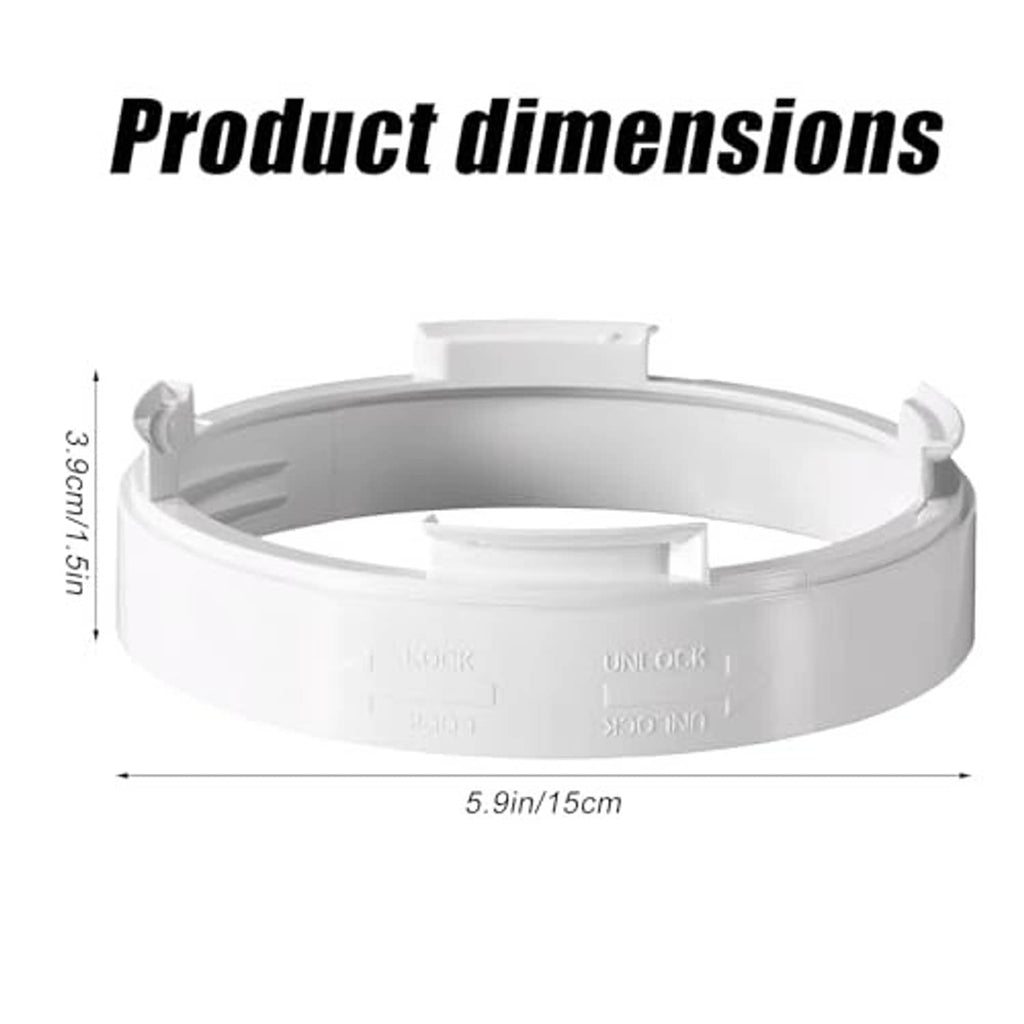 Round white plastic AC exhaust hose coupler ring with dimensions label 5.9in/15cm