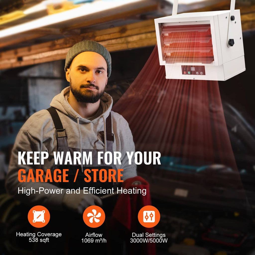 Wall/ceiling electric garage heater with remote control for directional heating