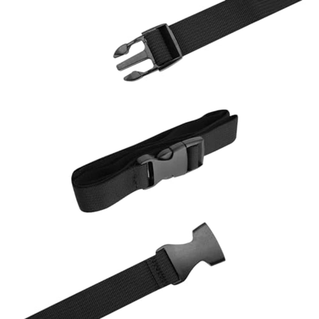 Black nylon tie-down straps with quick-release buckles and adjustment slots
