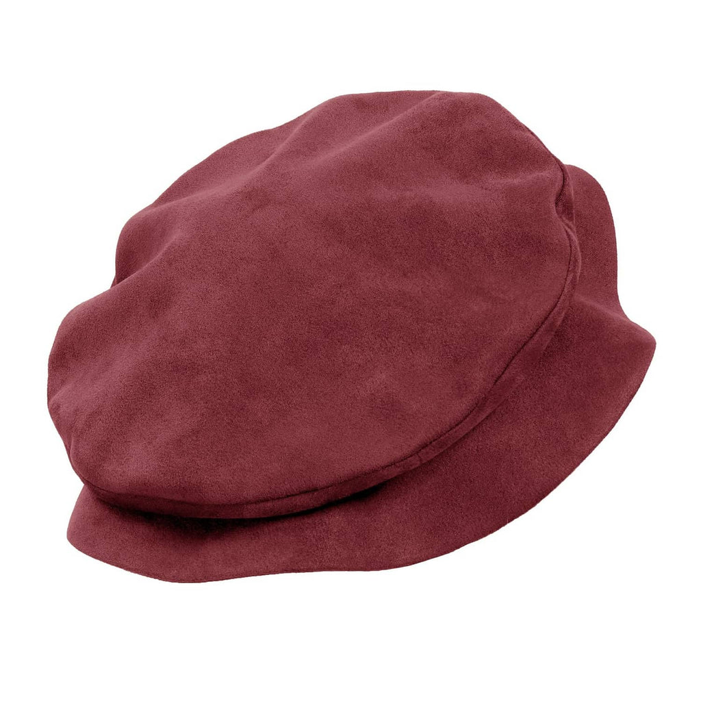 Wine burgundy suede-look flat beret hat, side view