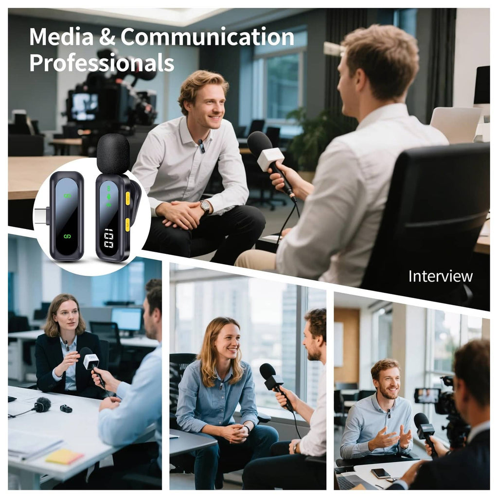 Black wireless lavalier microphones with foam windscreens and LED display