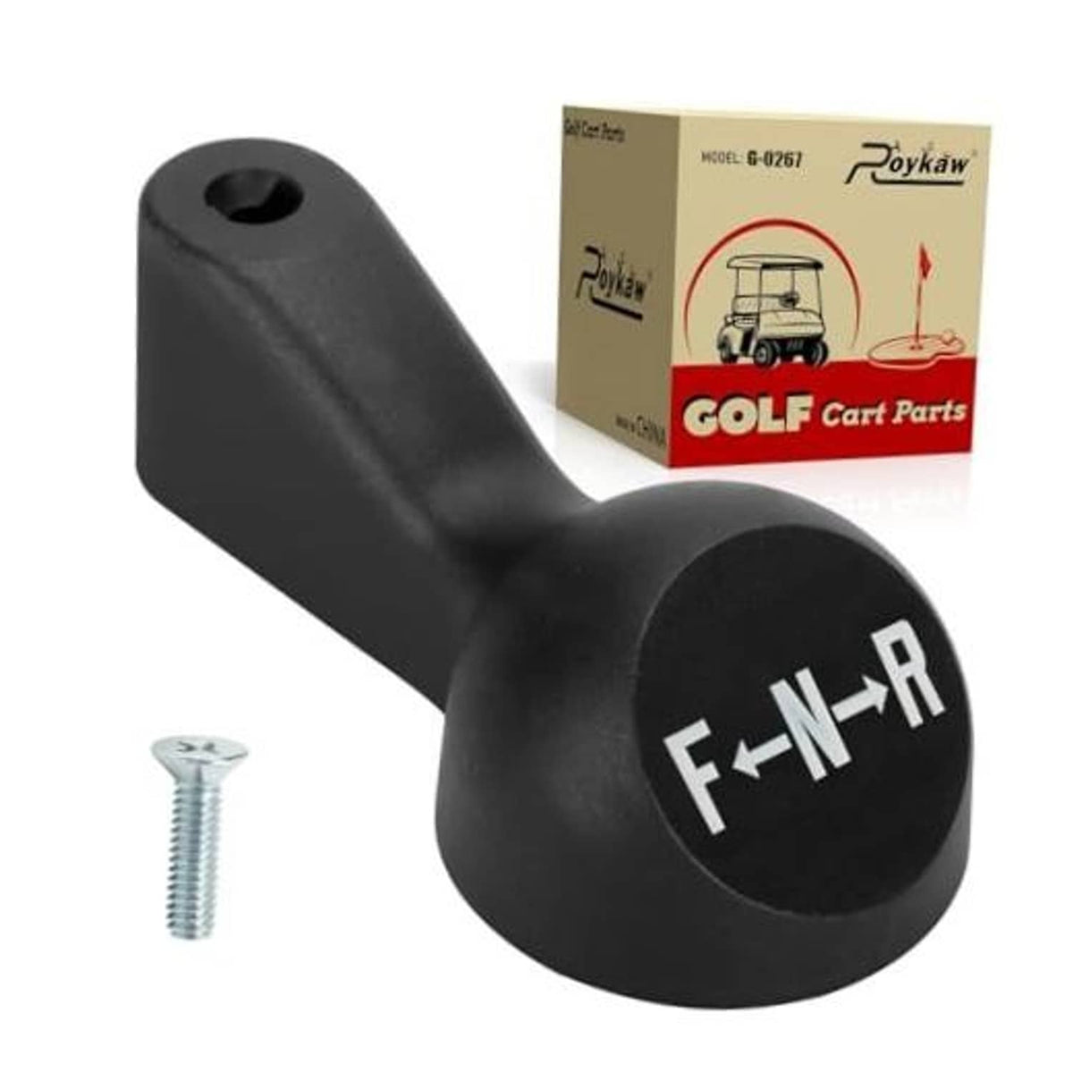 Black forward/reverse shifter handle with mounting hole and F-N-R label