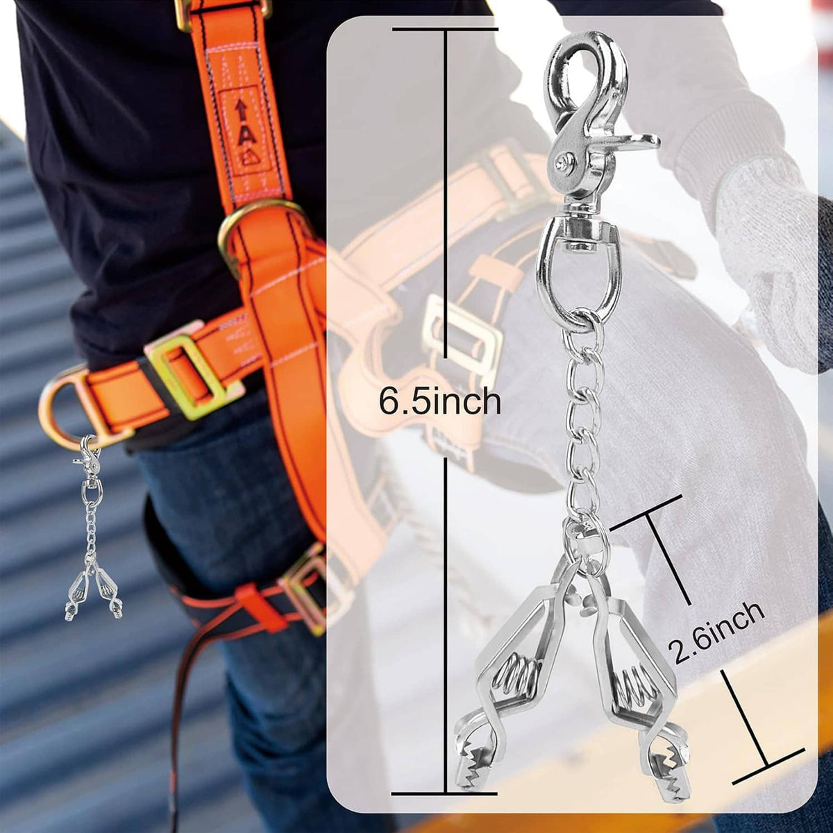 Metal glove clip on a safety harness belt with linked chain and alligator ends