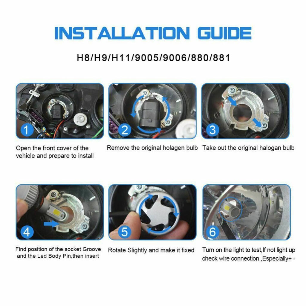 LED headlight bulb installation diagram with socket and bulb steps