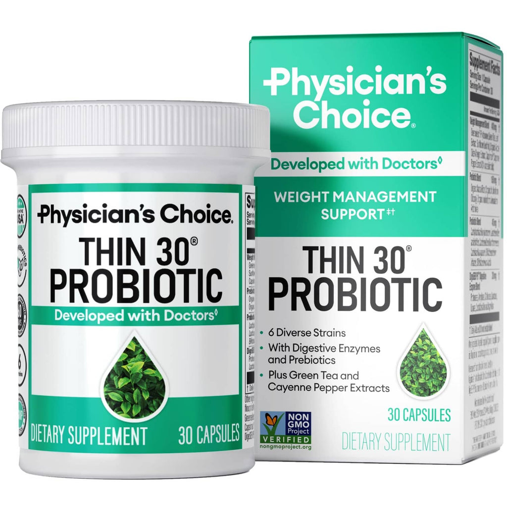 Thin 30 probiotic supplement bottle with white cap and green label