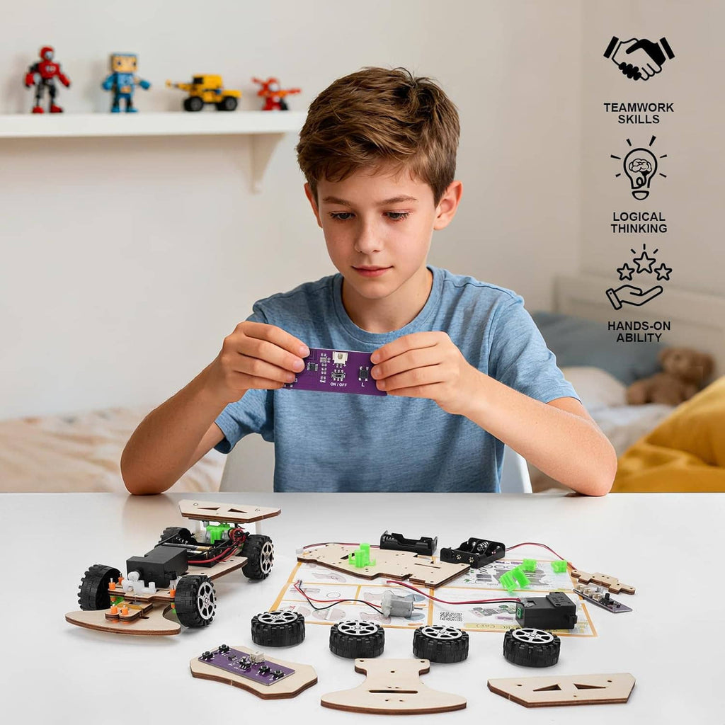 Wooden racing car STEM kit with purple remote held by a child