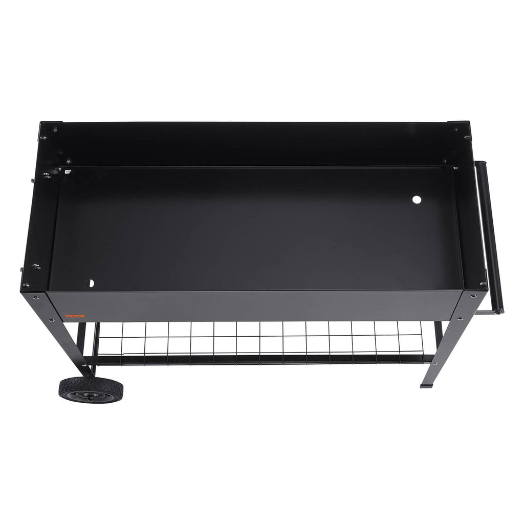 Black galvanized steel raised garden bed planter box with open tray, wire shelf, and wheels