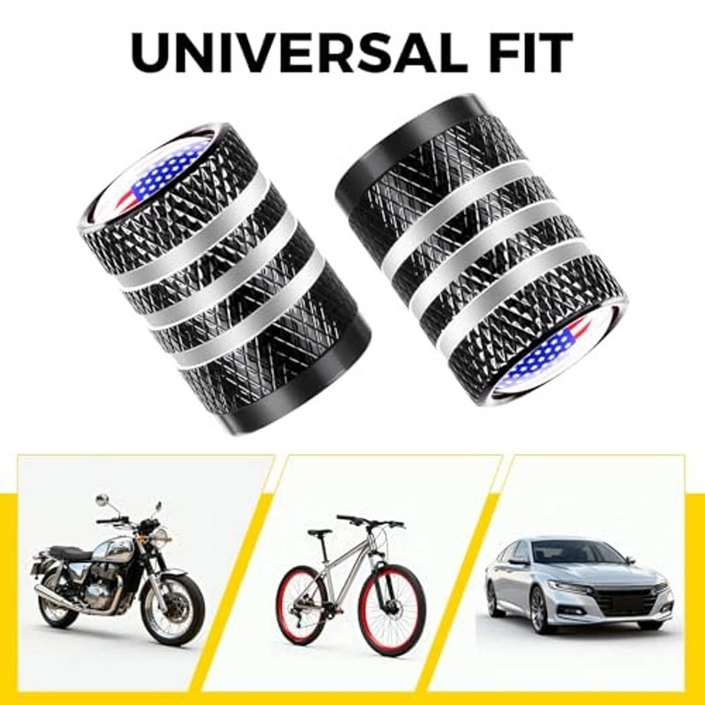 Black tire valve stem caps with U.S. flag emblem tops and silver stripe bands, universal fit set.