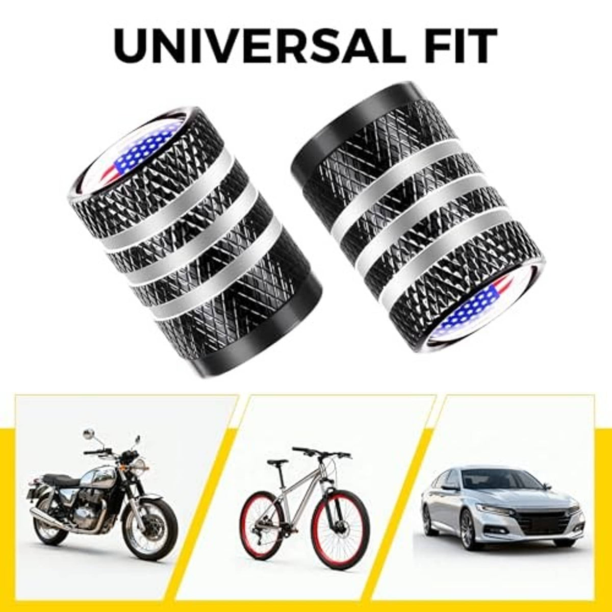 Black tire valve stem caps with U.S. flag emblem tops and silver stripe bands, universal fit set.