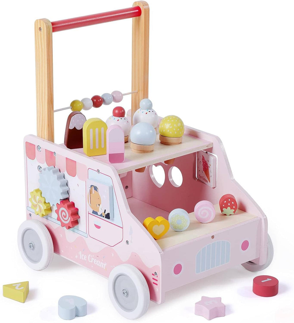 Wooden kids push walker, pink ice-cream themed front with steering wheel and blocks
