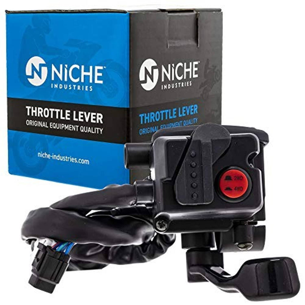Throttle lever control assembly with black hand grip, Niche box, and red dial
