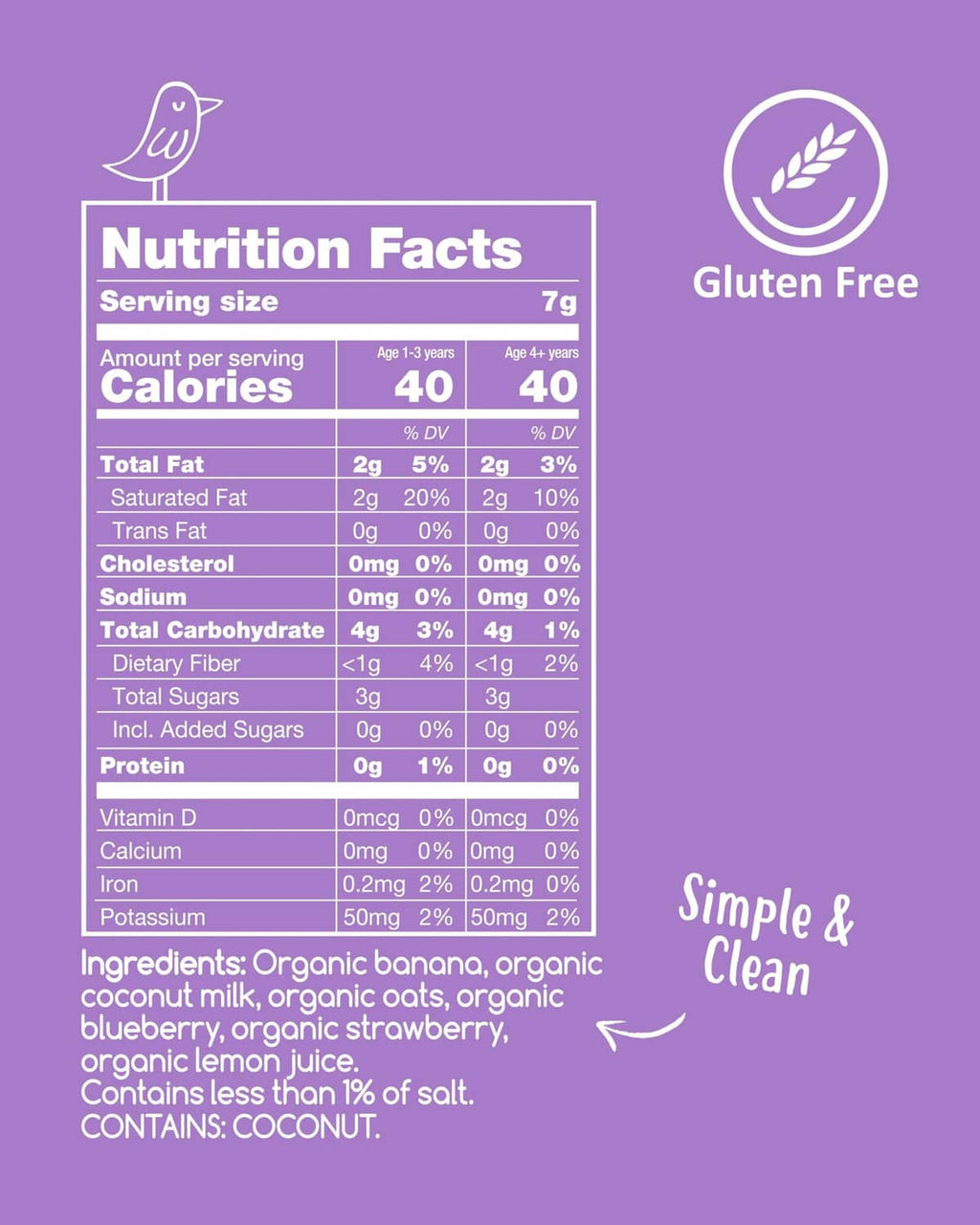 Nutrition facts panel on purple oat melts package