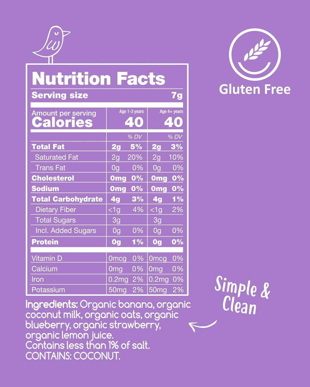 Nutrition facts panel on purple oat melts package