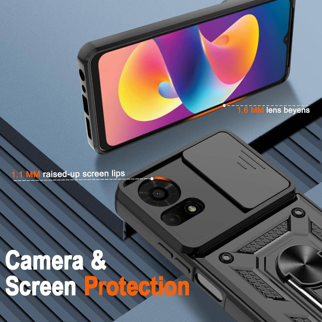 Black rugged phone case for TCL 50 LE with raised screen lip and lens cover