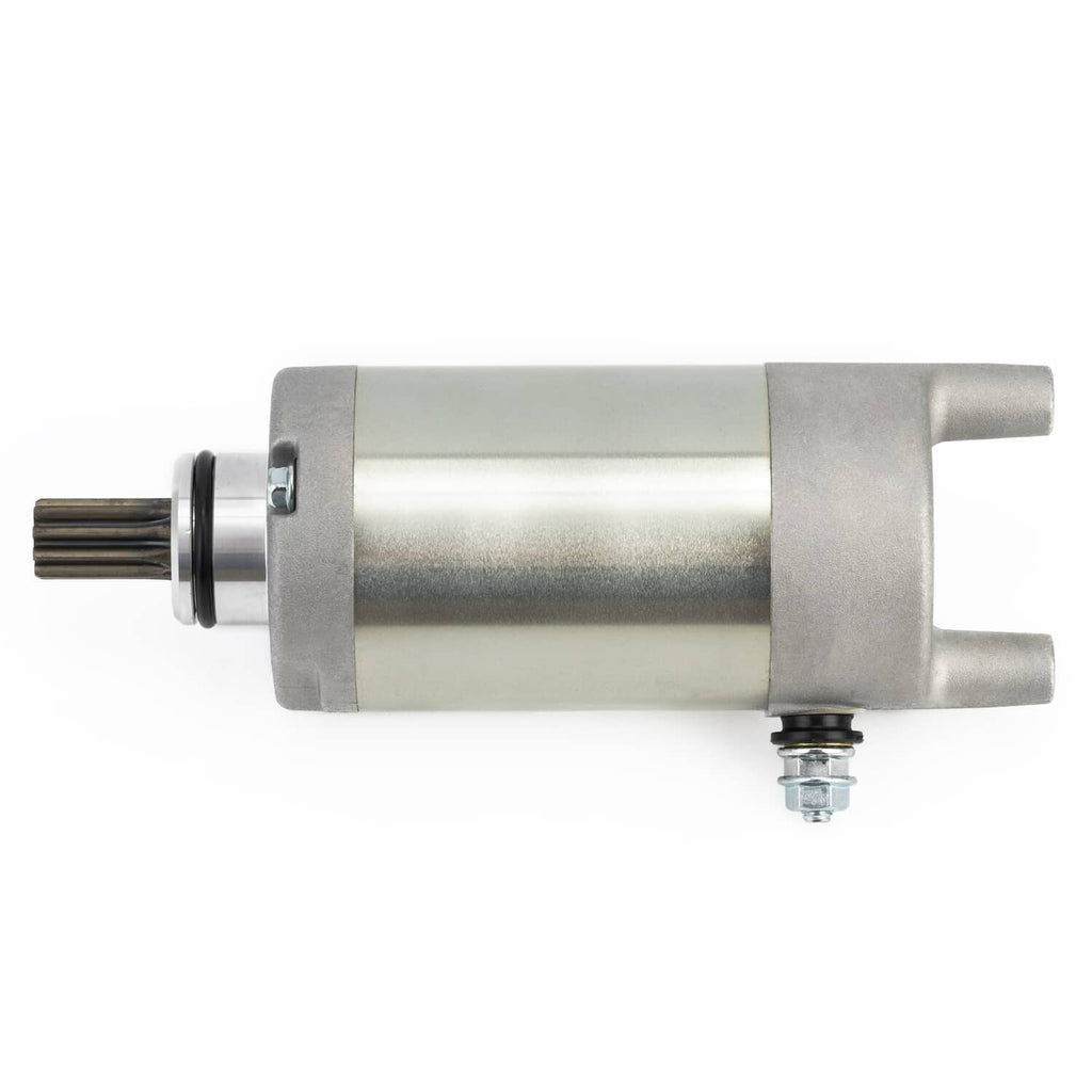 Starter motor for ATV, cylindrical metal housing with spade and mounting stud