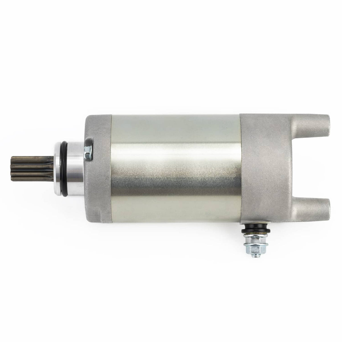 Starter motor for ATV, cylindrical metal housing with spade and mounting stud