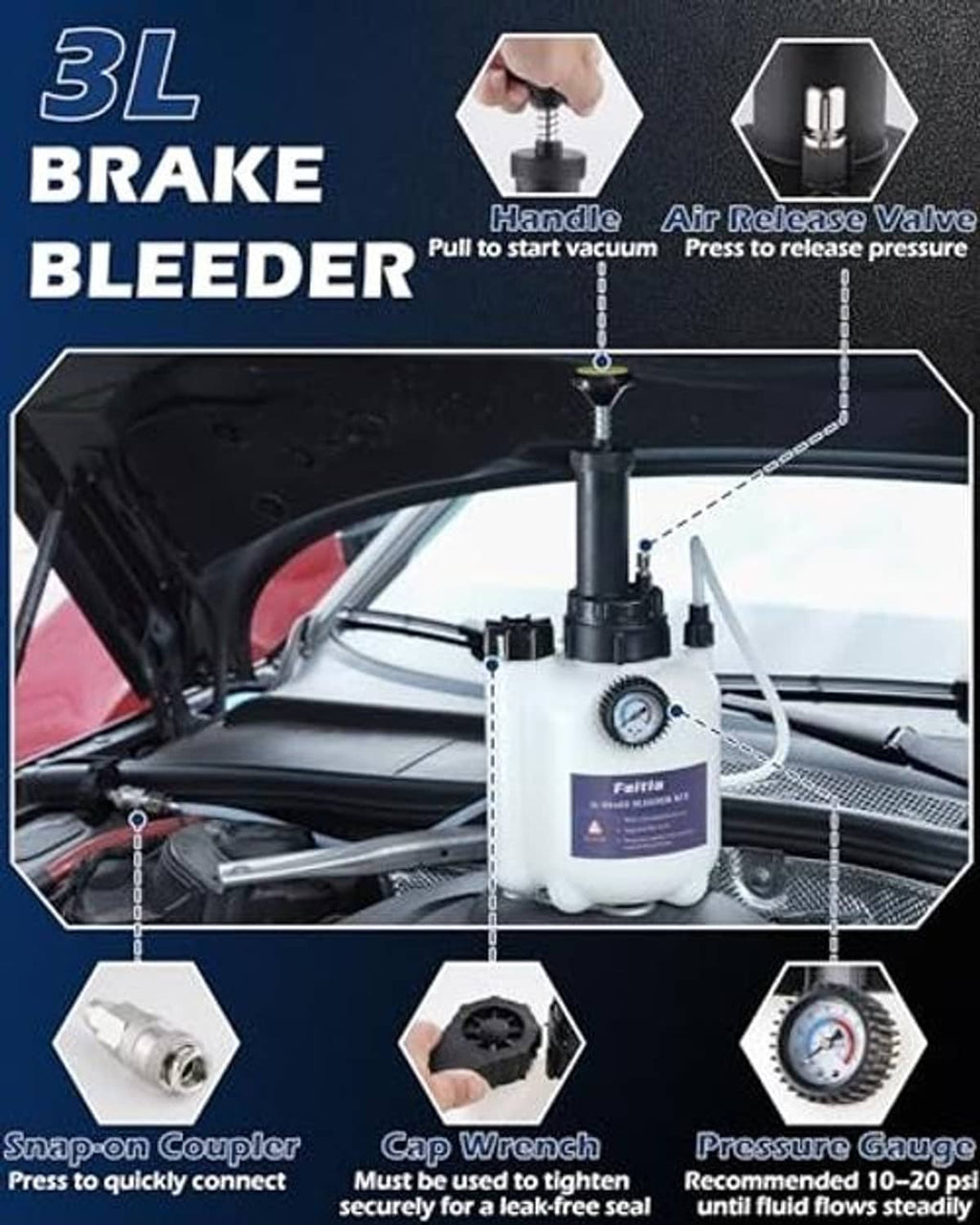 3L brake bleeder kit with vacuum release valve, tubing, and adapter connectors