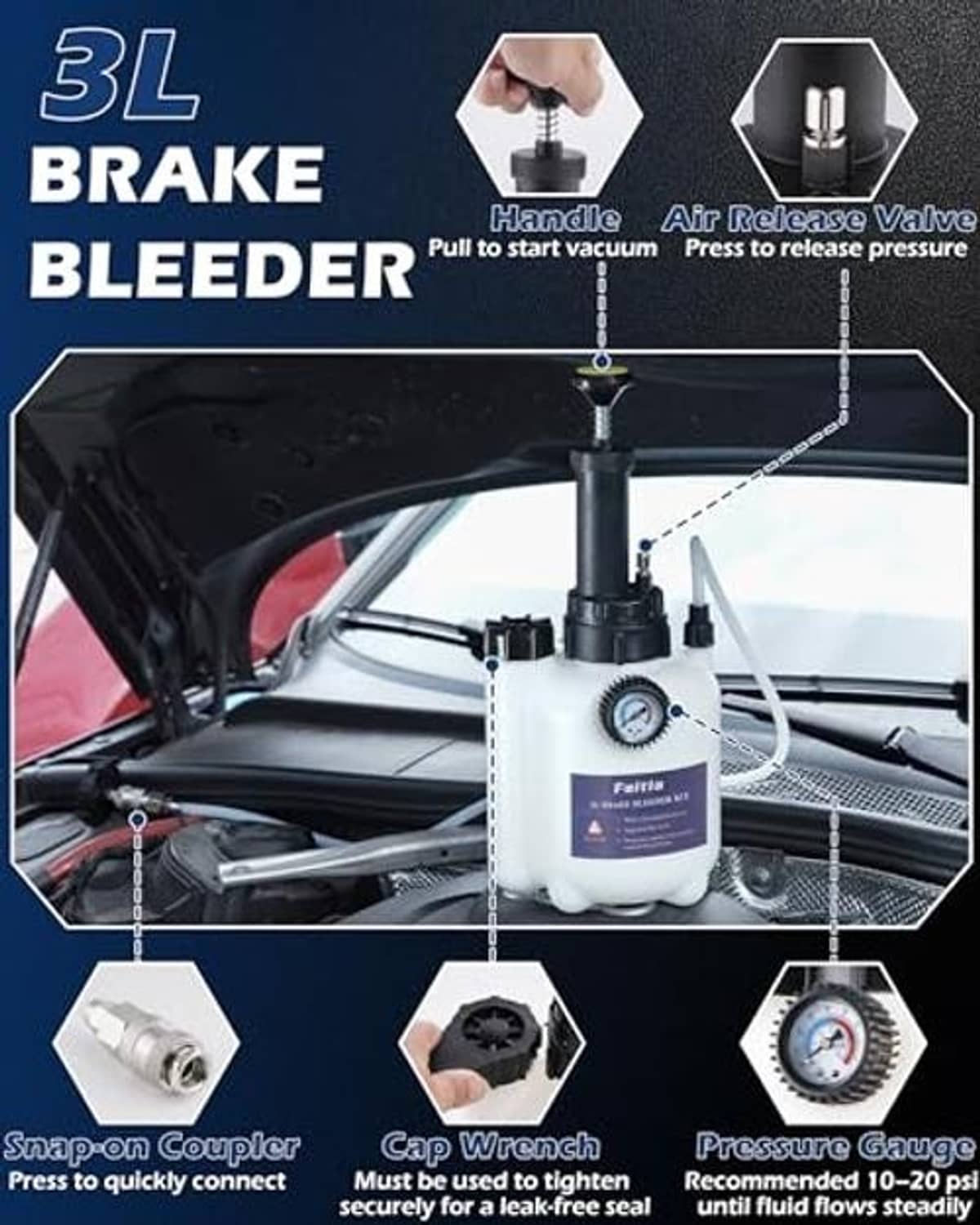 3L brake bleeder kit with vacuum release valve, tubing, and adapter connectors