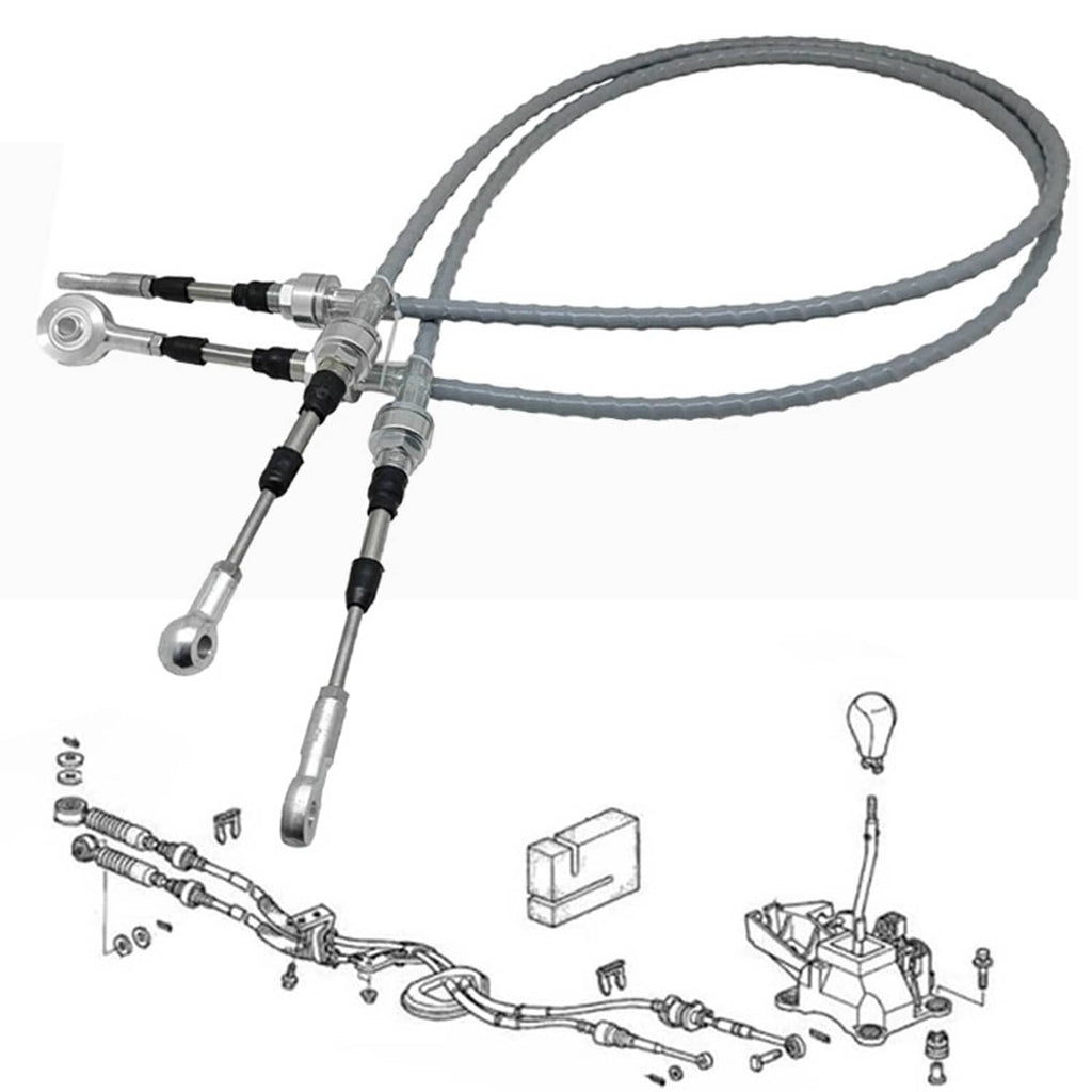 Two-piece shifter cable linkage with metal rods and black rubber boots