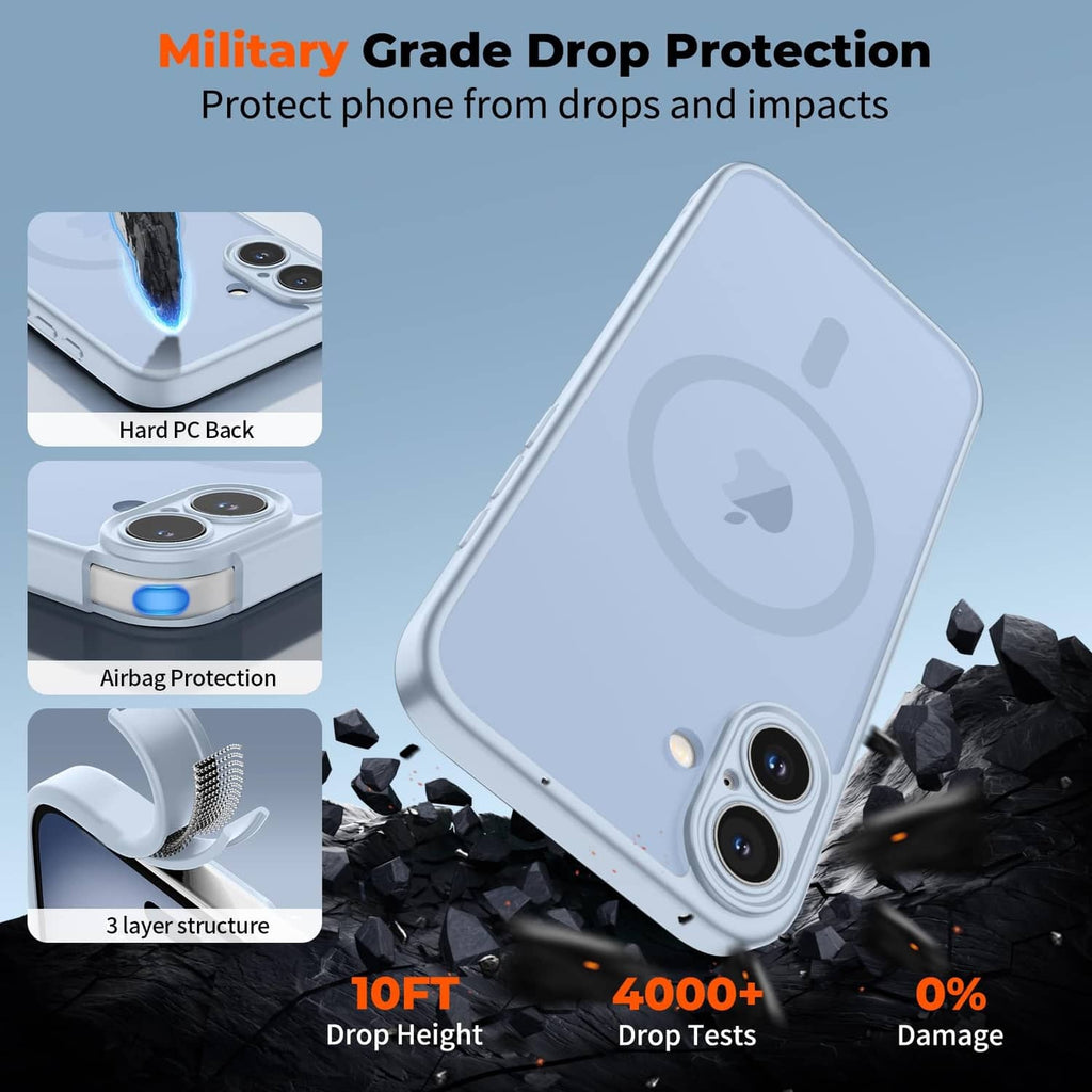 Silver blue iPhone 16 Plus rugged phone case with multi-layer drop protection