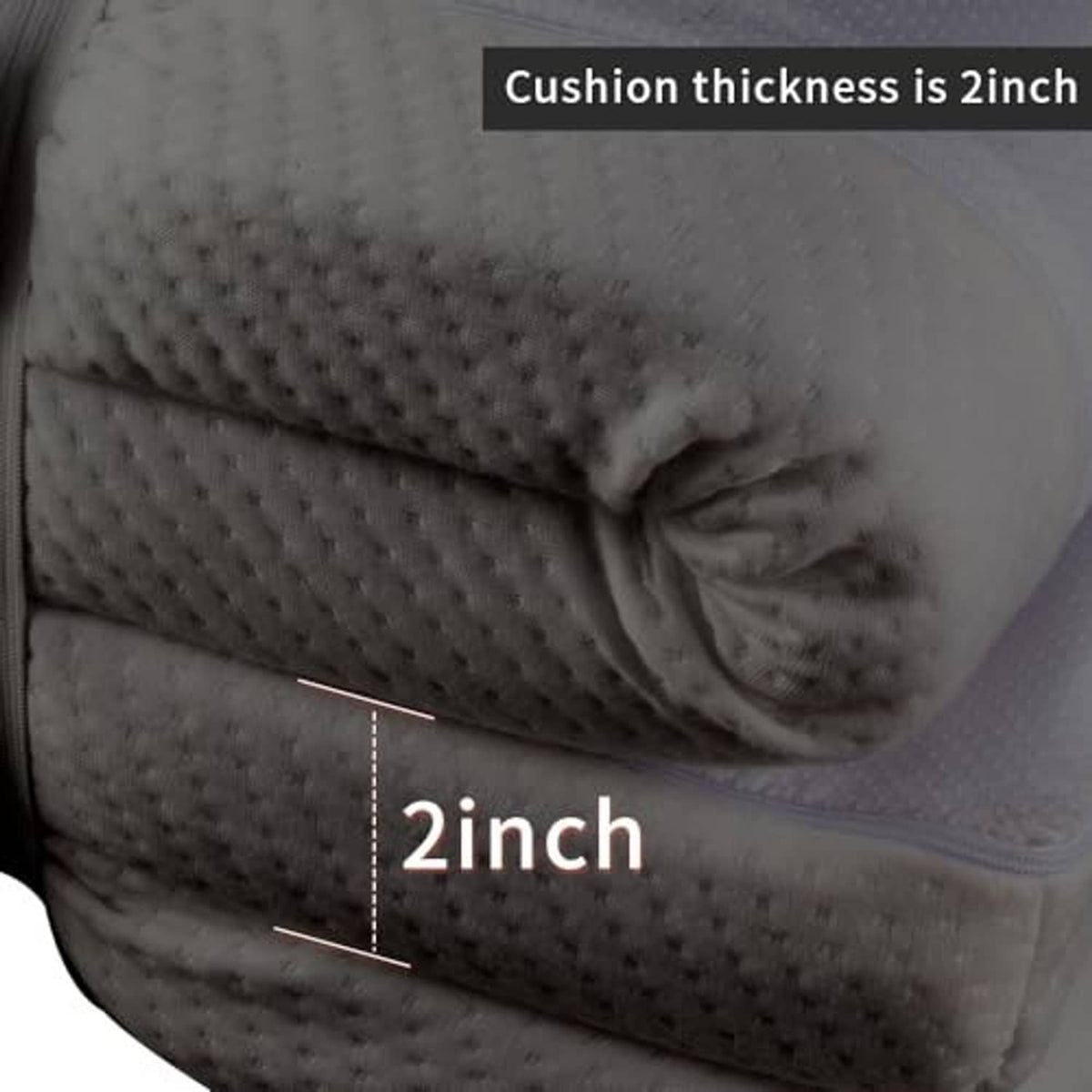 Grey massage table topper side view showing layered cushion and zipper seam at edge