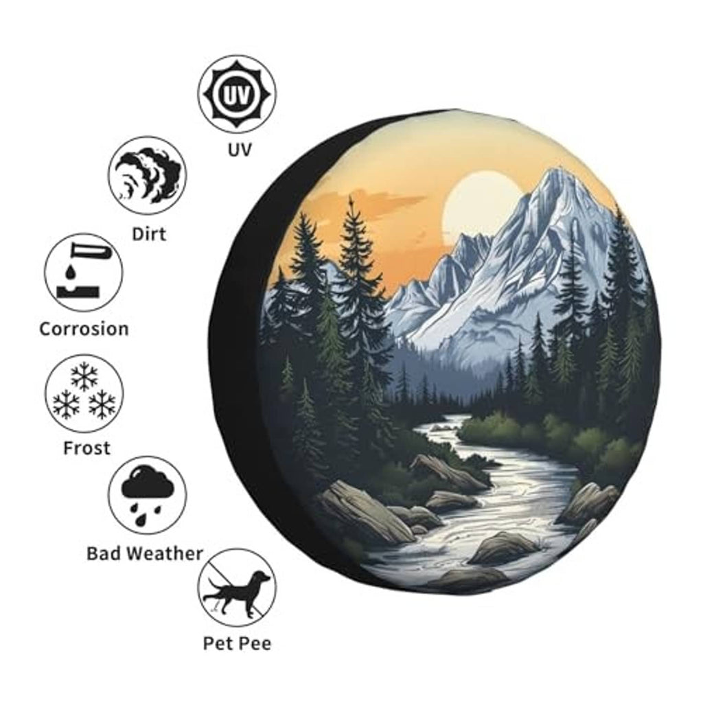 Spare tire cover with mountain sunset print plus UV, dirt, corrosion, frost protection icons