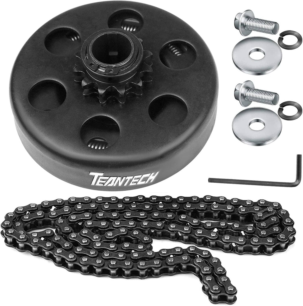 Go-kart clutch sprocket kit with black clutch plate, 10T sprocket, chain, and mounting hardware