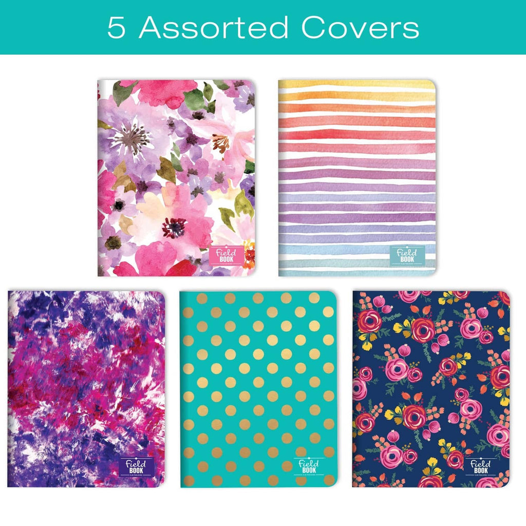 Five assorted 8x10 memo notebook covers: floral, stripes, polka dots, and watercolor