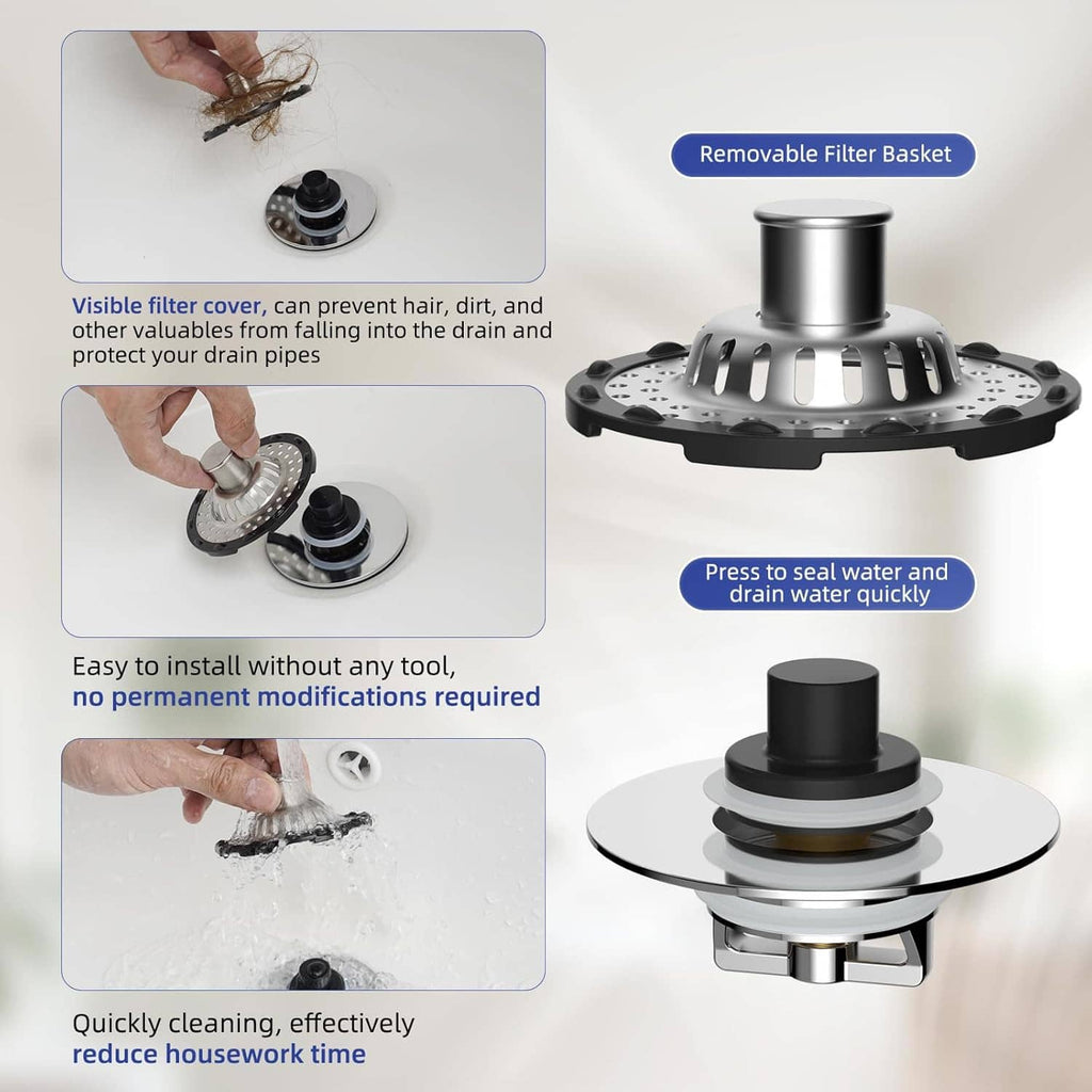 Bathtub drain stopper with removable filter basket and metal body for fast sealing