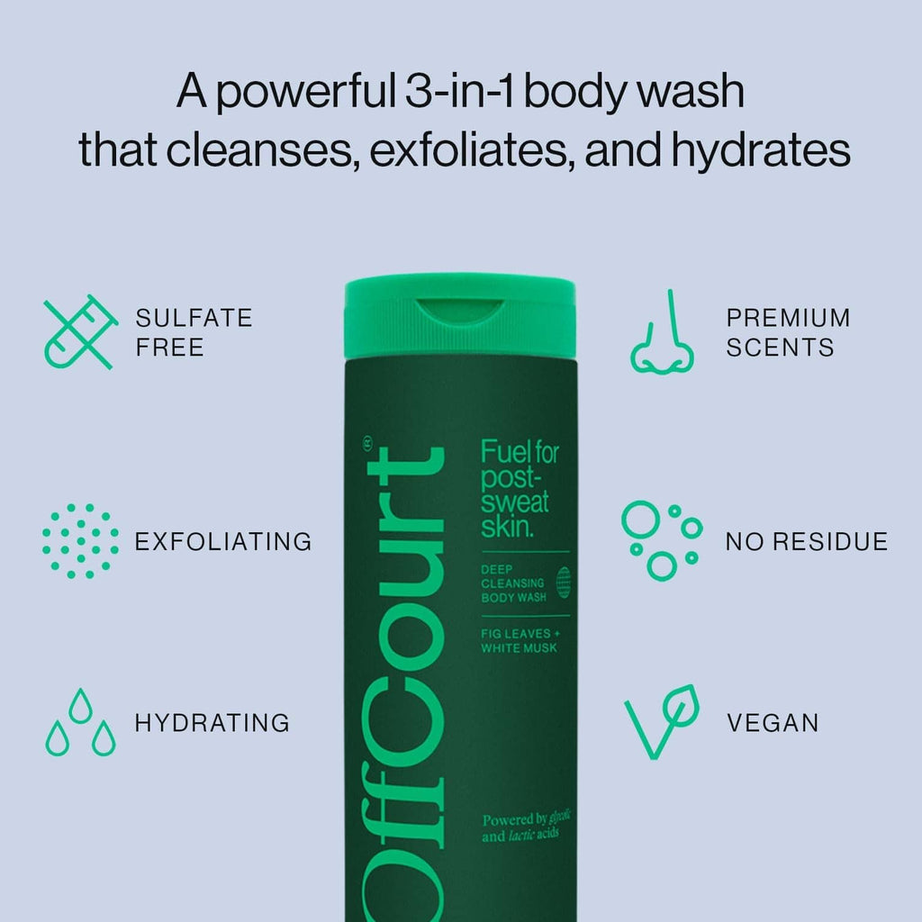 Offcourt 3-in-1 body wash bottle with sulfate-free and no residue icons