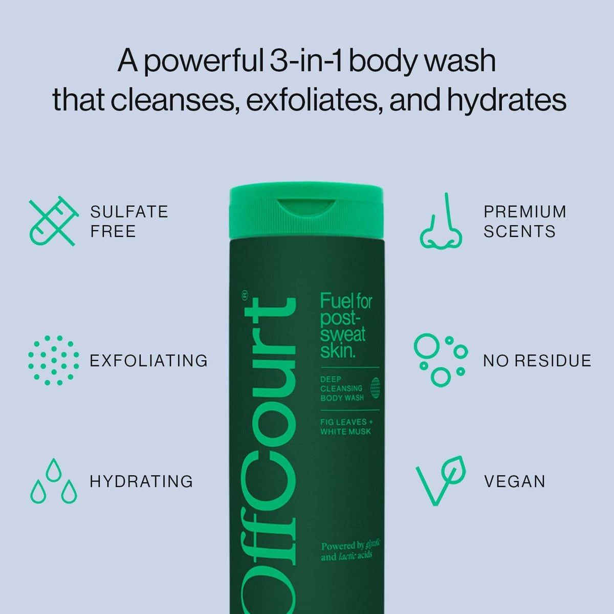 Offcourt 3-in-1 body wash bottle with sulfate-free and no residue icons