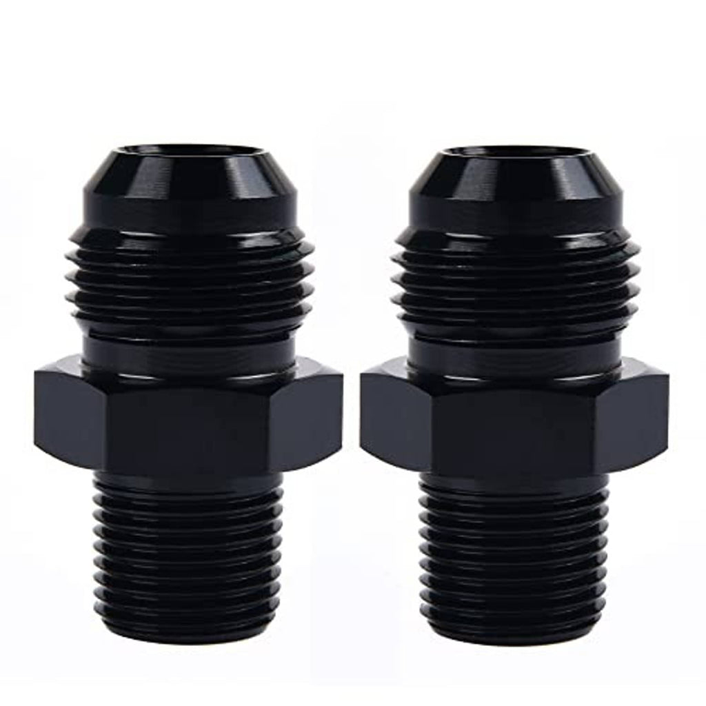 Black male flare to NPT pipe fitting adapter, hex nut end and threaded barrel