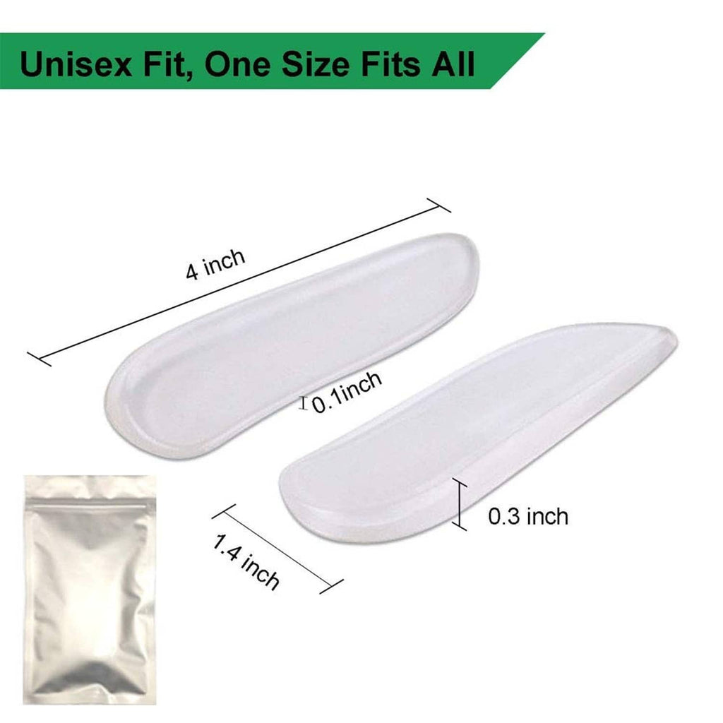 Clear one-size silicone heel wedge insoles, curved underfoot support pads