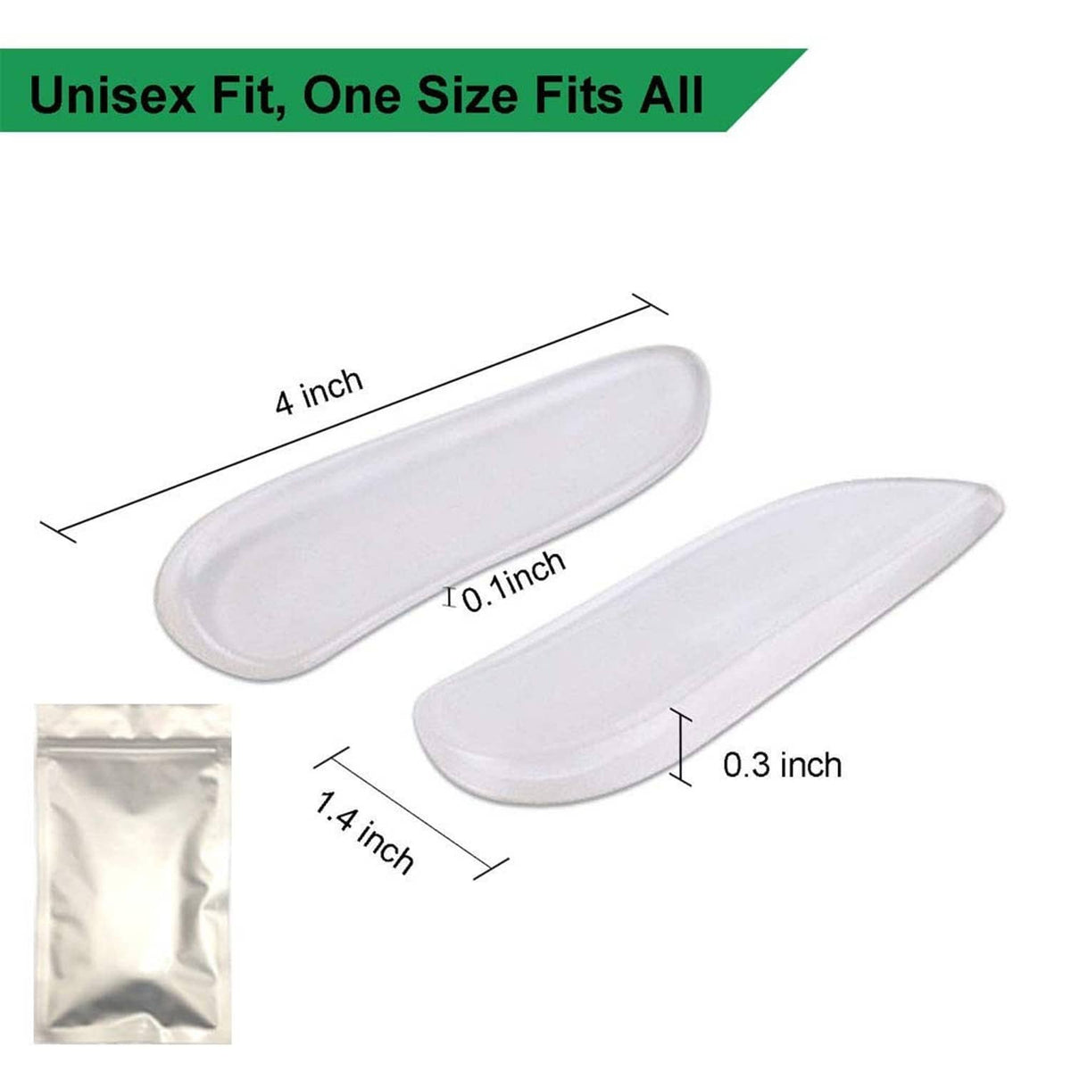 Clear one-size silicone heel wedge insoles, curved underfoot support pads