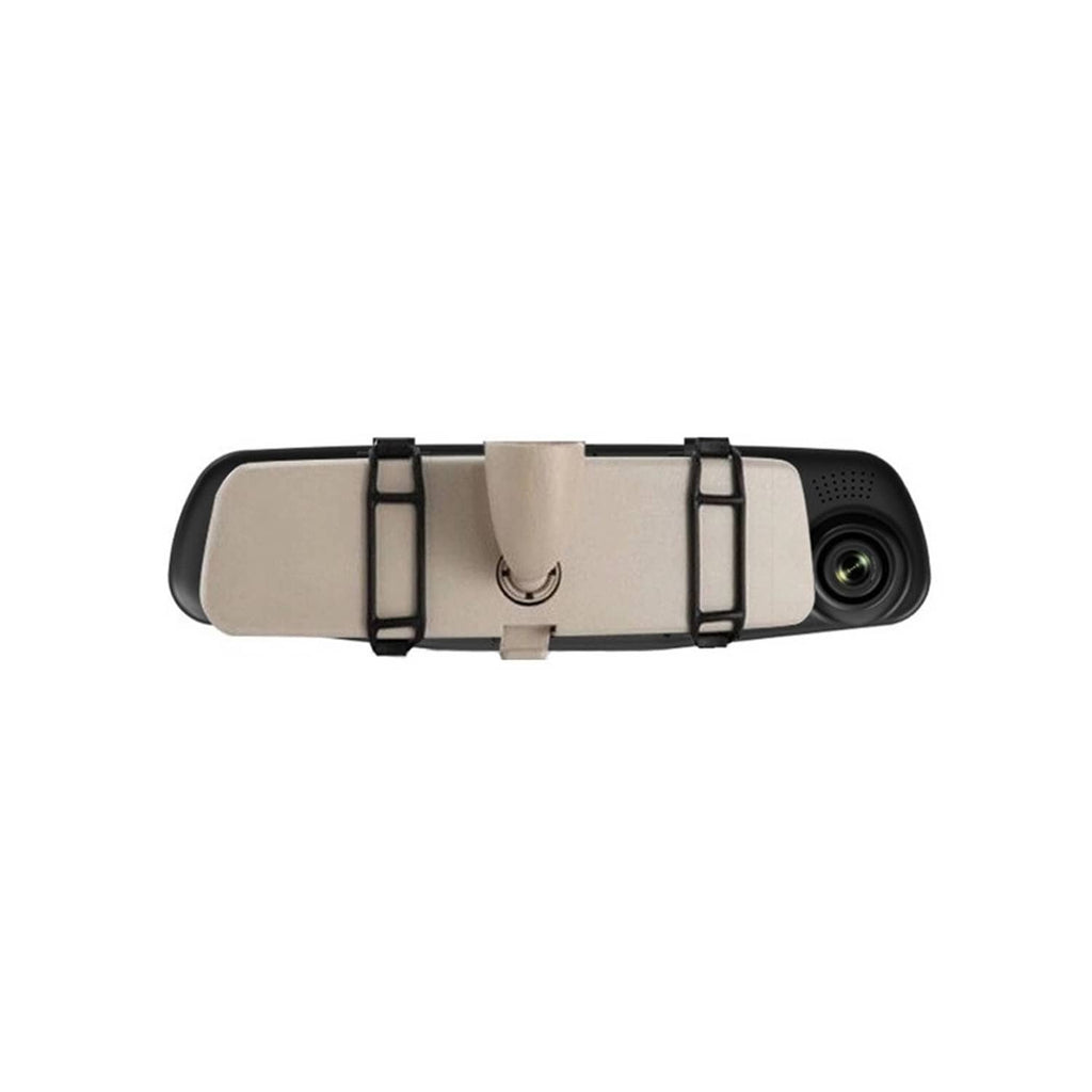 Black rearview mirror dash cam with clip mount and built-in rear lens