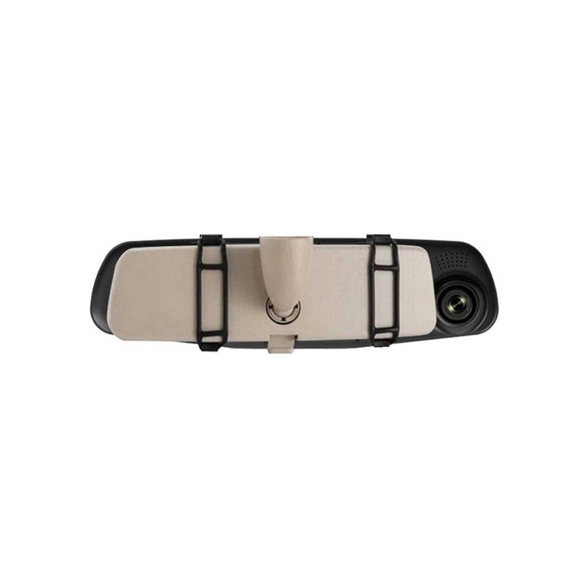 Black rearview mirror dash cam with clip mount and built-in rear lens