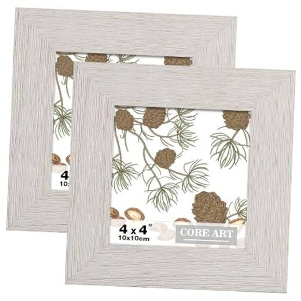 Rustic white distressed wood 4x4 picture frames with clear glass, two-pack front view