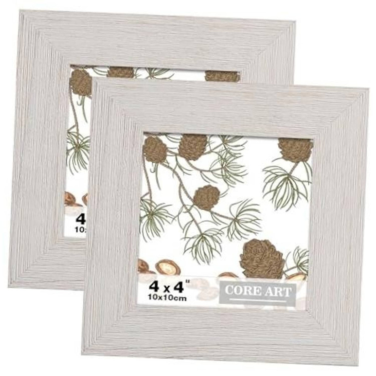 Rustic white distressed wood 4x4 picture frames with clear glass, two-pack front view