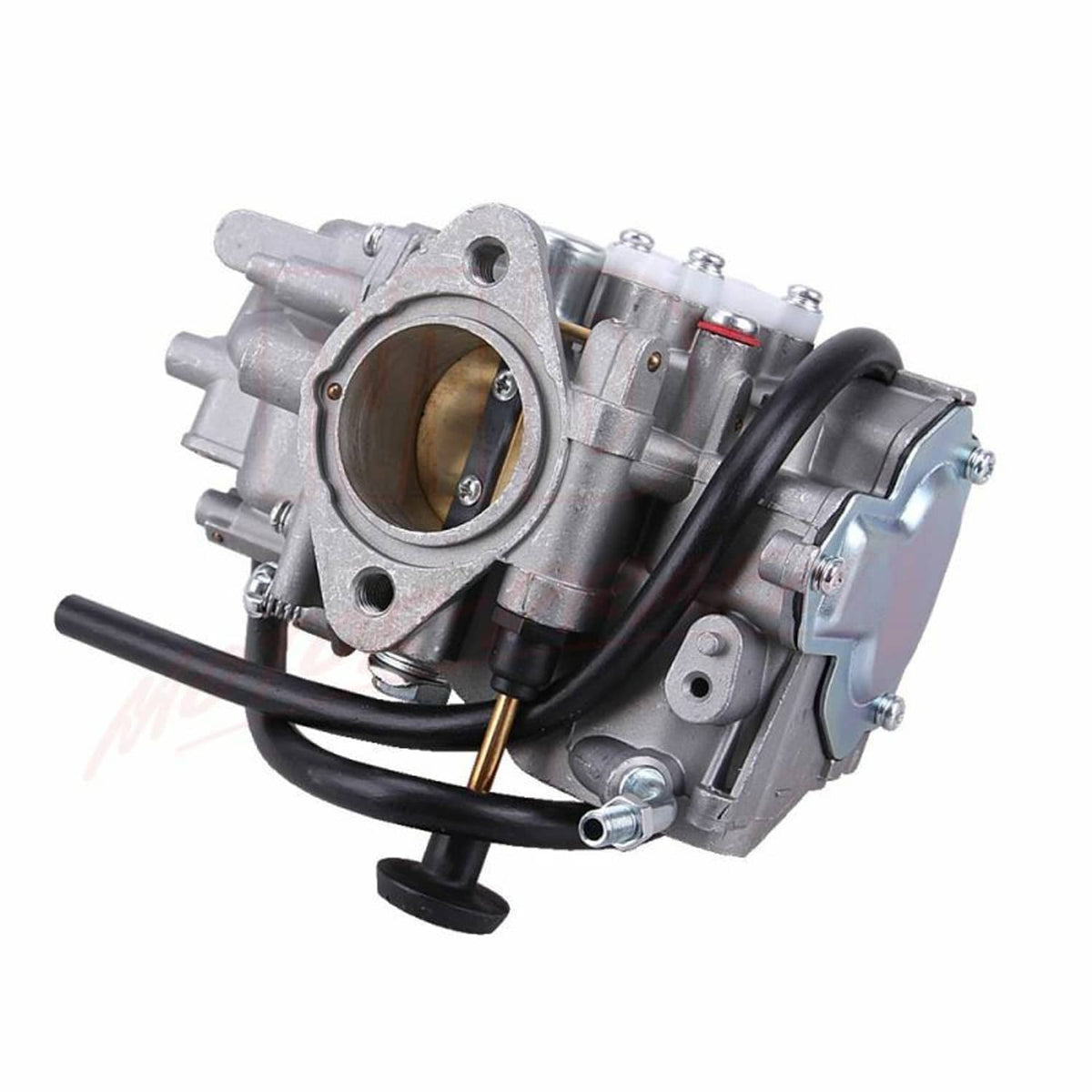 Carburetor assembly with round intake bore, black hoses, and mounting bracket