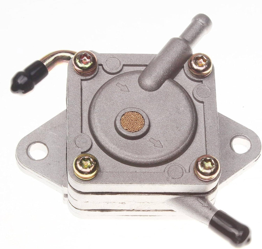 Fuel pump top view with central mesh insert, brass screws, and black hose connectors
