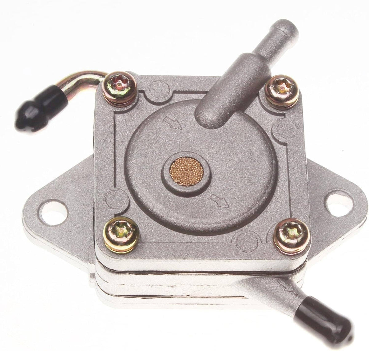 Fuel pump top view with central mesh insert, brass screws, and black hose connectors