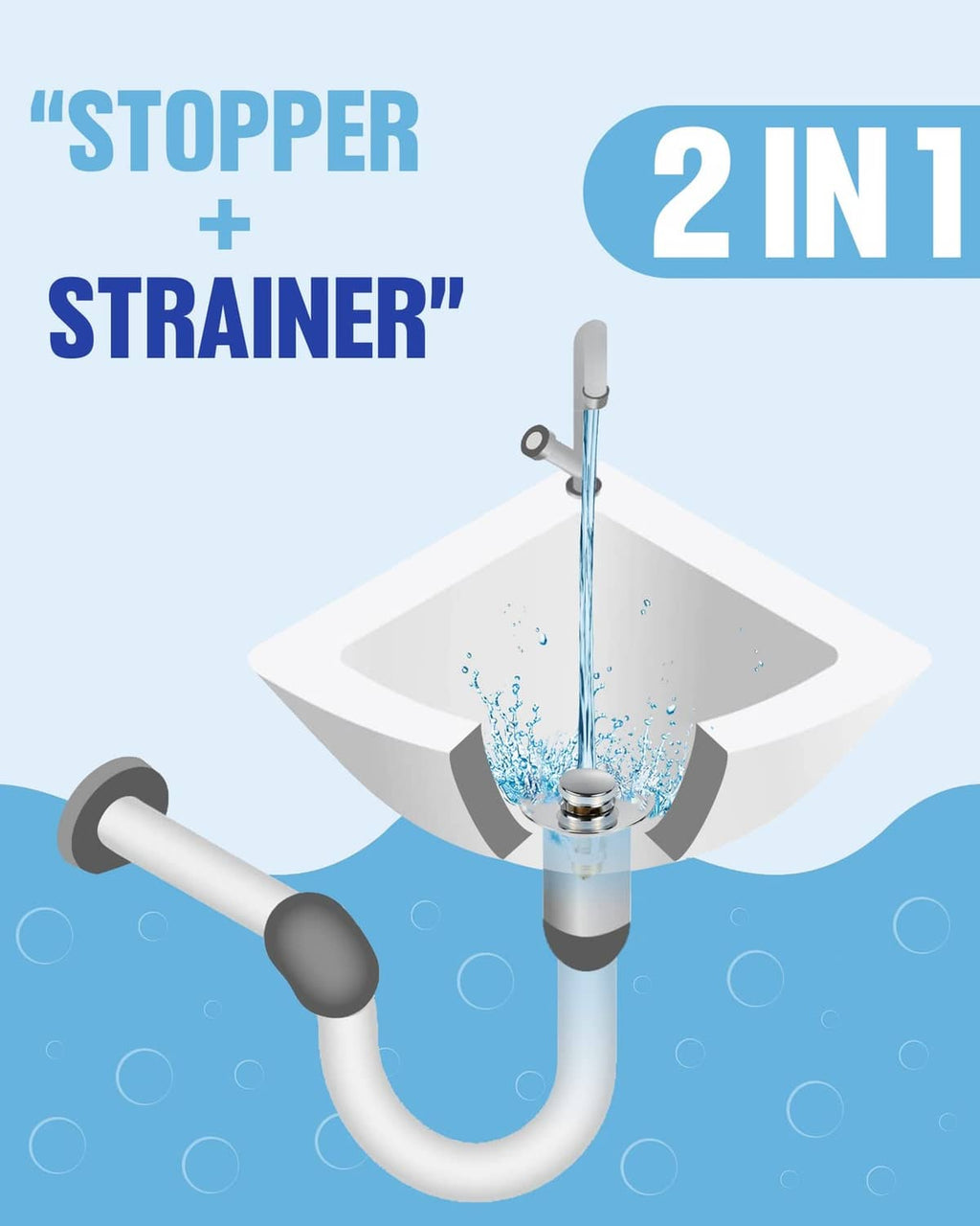 Chrome sink stopper strainer, 2-in-1 anti-clogging design for basin drain