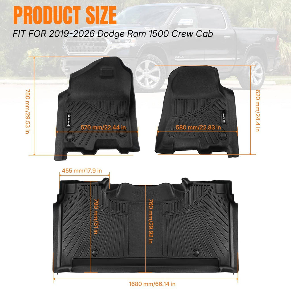 Black TPE floor mat set showing front and rear coverage with measurement layout.