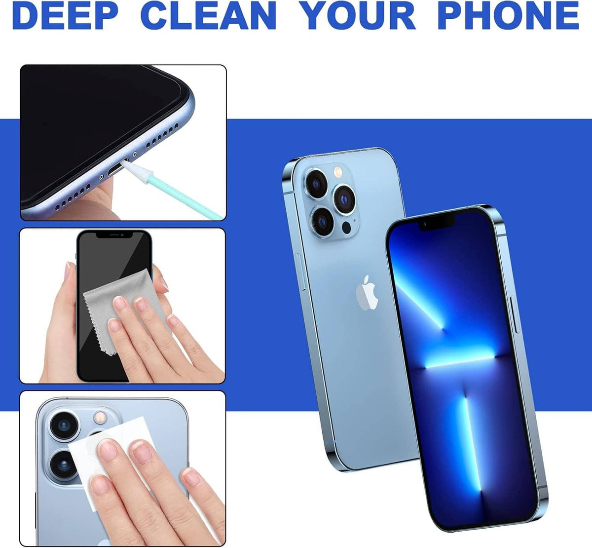 Phone cleaning kit cloth and tools for wiping smudges from phone screens