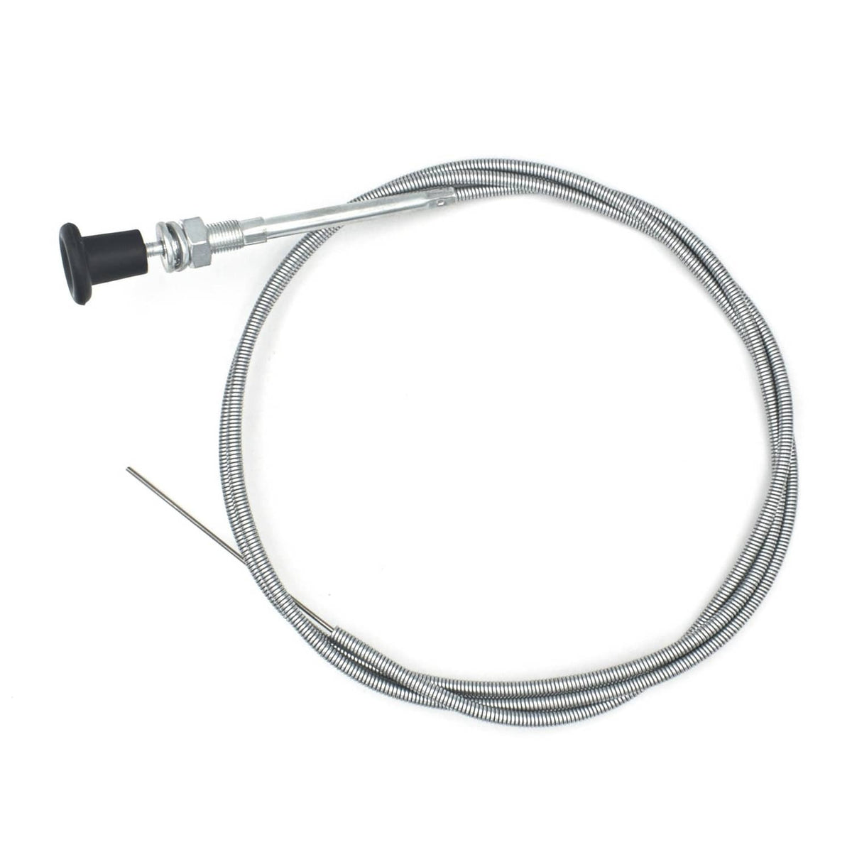 Rotary choke control cable with black rubber knob and silver braided conduit loop