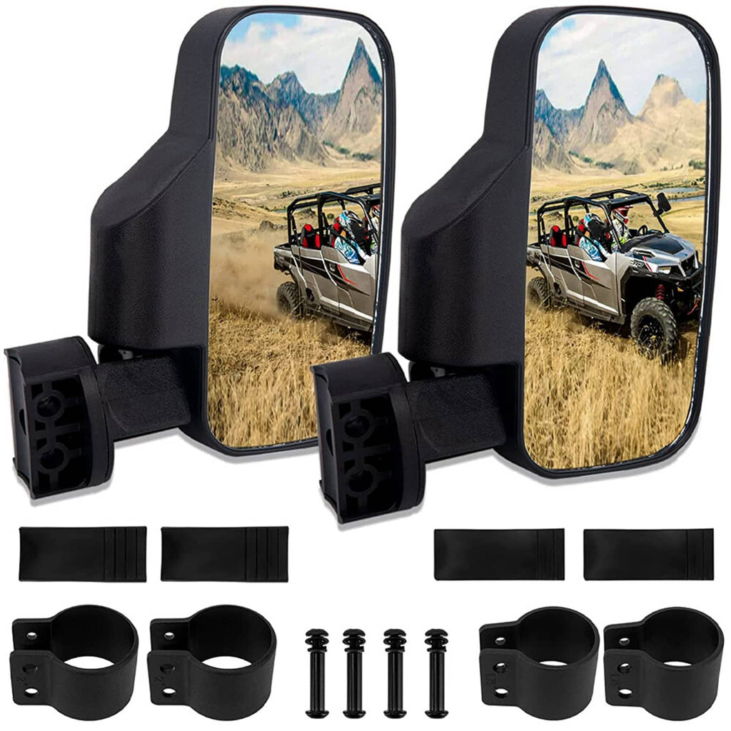 Pair of roll bar side mirrors with black brackets, strap holders, and screw set