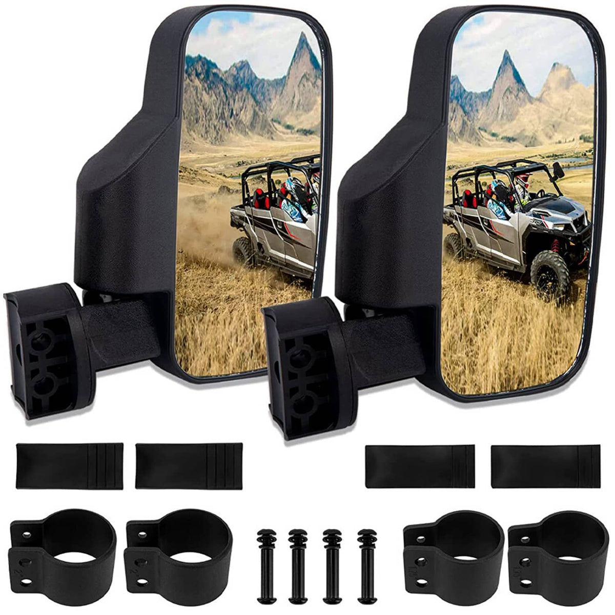 Pair of roll bar side mirrors with black brackets, strap holders, and screw set
