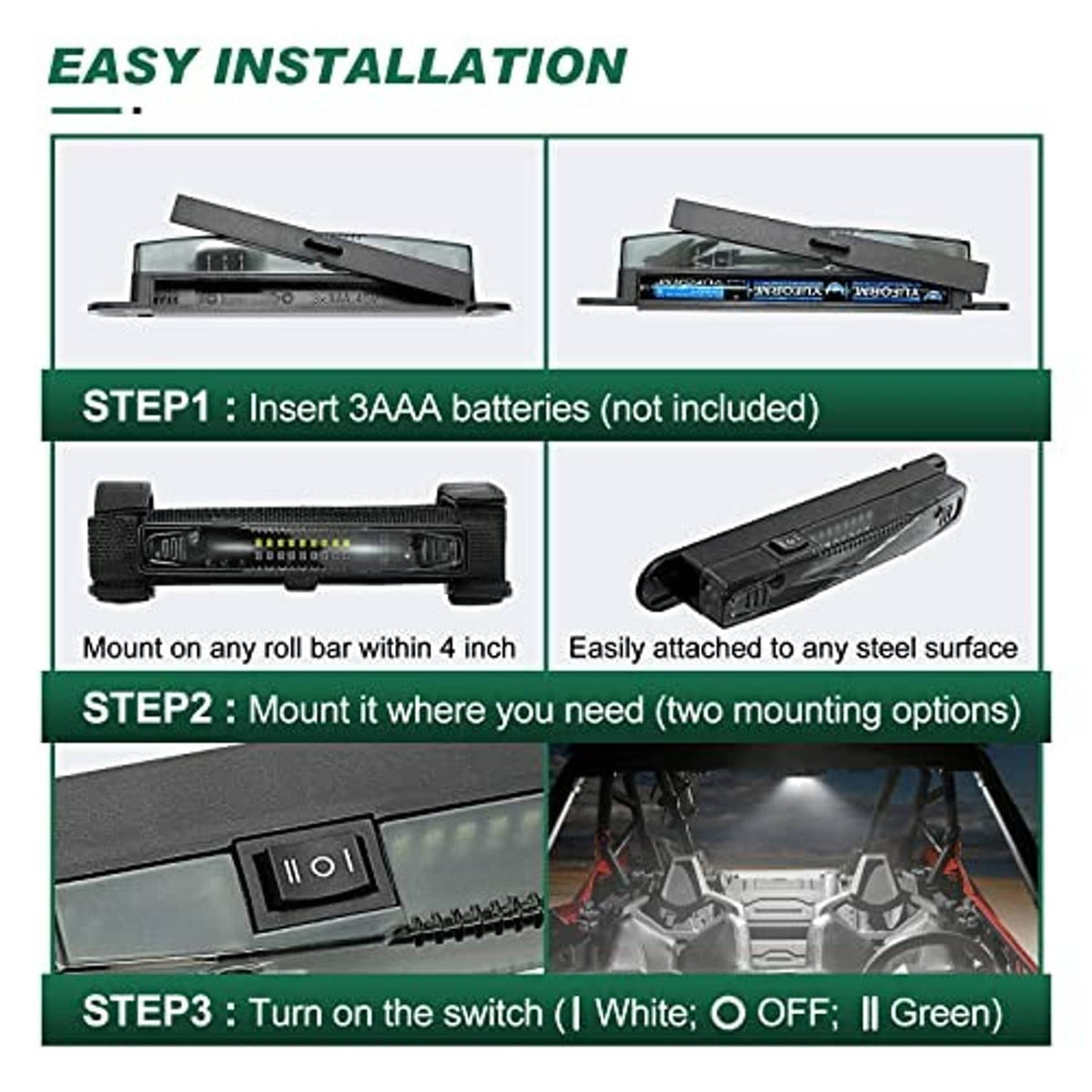 Black roll bar LED light bar with side switch and adjustable strap mount